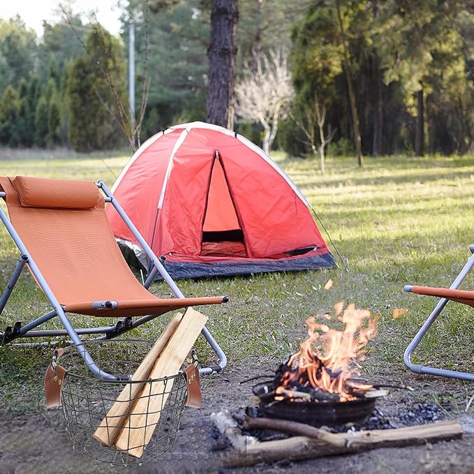 Uonlytech Portable Metal Wire Firewood Storage Basket with Handle Round Outdoor Firewood Organizer for Camping and Indoor Use Large Capacity Multi-purpose Iron Basket for Logs and Sundries