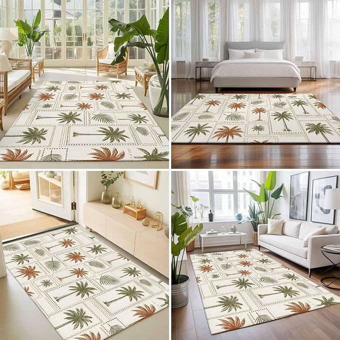 Area Rug 8x10ft, Vintage Coconut Tree Palm Leaves Washable Rugs for Living Room Bedroom, Farm Tropical Plant on Beige Soft Non-Slip Area Rugs Rectangle Floor Carpet for Dining Room