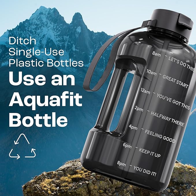 AQUAFIT Half Gallon Water Bottle with Time Marker - Straw & Chug Lid - BPA Free Gym Water Bottle with Straw - Big Gallon Jug (Blue, 64 oz - 2 Lids)