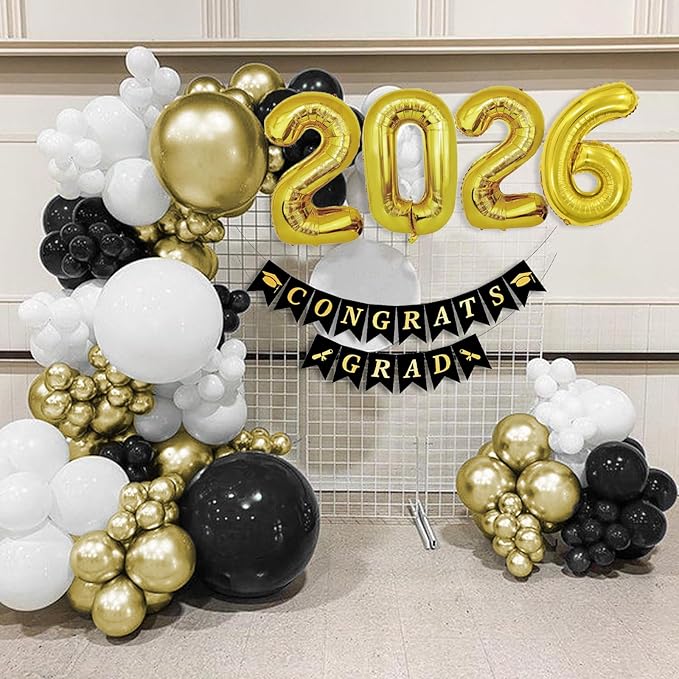 Graduation Decorations Class of 2026: Gold and Black Graduation Balloon Arch Garland Kit and Gold Confetti Balloons Congrats Grad Banner 2026 Foil Balloon Decorations For Grad Party