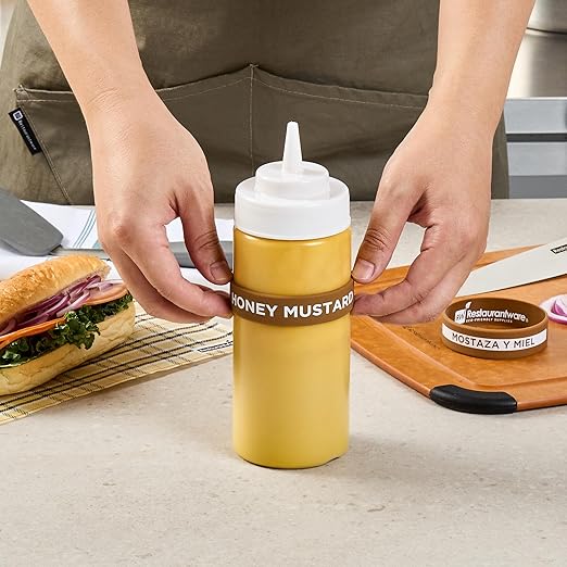 Restaurantware Silicone Squeeze Bottle Band 10 Count 2.75 Inch Dishwasher Safe Condiment Identification Band, Honey Mustard Brown Non-Slip Label Band for Condiment Labeling at Restaurants, Food Trucks