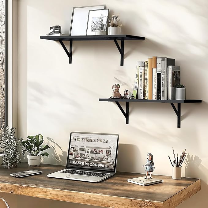 Tectocker-DOU Heavy Duty Long Wall Shelves Set of 2, Floating Shelves Wall Mounted with Industrial Brackets, 40lbs Capacity Shelves for Laundry Room, Kitchen, Bathroom, Living Room (24"*8",Black)