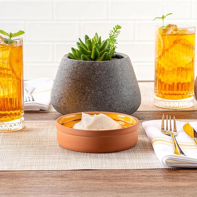 Restaurantware-Terra Tek 8.8 Ounce Terracotta Cazuelas, 2 Yellow Glazed Clay Pots For Cooking - Oven-Ready, Microwavable, Terracotta Serving Pots, Dishwashable, For Cooking And Serving