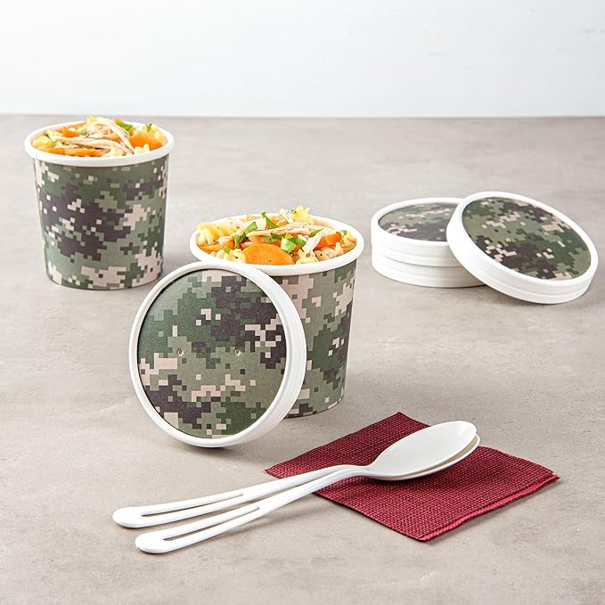 Restaurantware LIDS ONLY: Bio Tek Soup Container Lids 200 Disposable Bowl Lids For 12 Ounce Soup Cups - Containers Sold Separately Vented Camouflage Paper Soup Container Lids Round