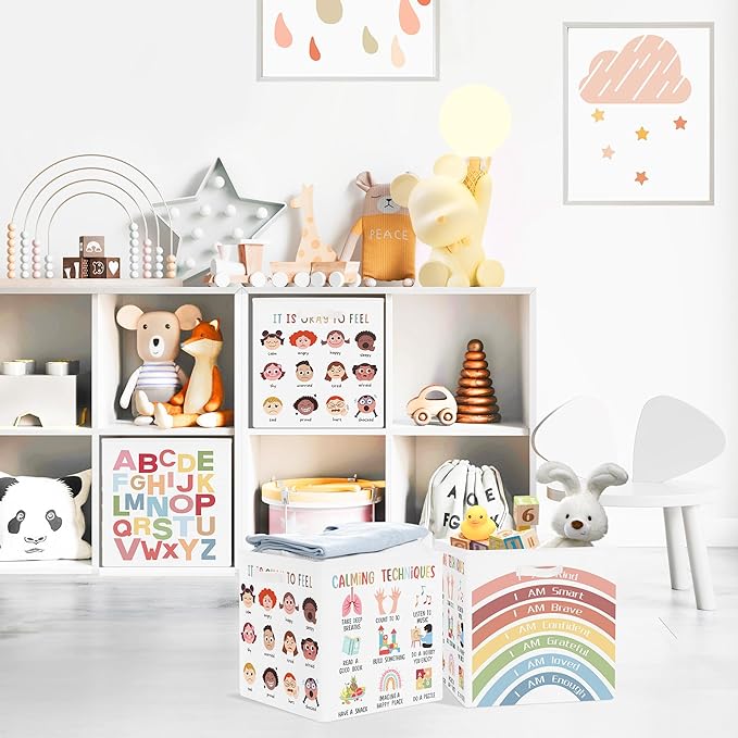 Clastyle Learning Education Kid Storage Basket Set Rainbow Inspiration Words Foldable Closet Clothes Organizer Nursery Toddler Toy Bin BoyGirl Book Shelf Basket