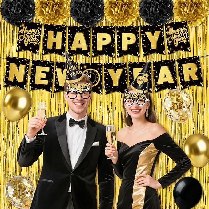 New Year Decorations 2026, Black Gold New Years Eve Party Supplies 2026 with Happy New Year Banner Cone Hat Paper Glasses Fringe Curtains 32inch 2026 Balloons for Happy New Years 2026 Decorations