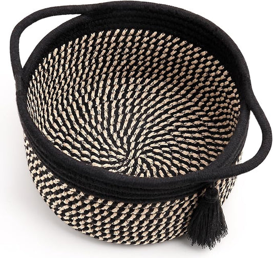 Small Empty Gift Basket to Fill with Handles, Little Cute Woven Baskets for Man, Boys Gifting – Mini Storage Bin for office Desk, Bathroom, Plant Decor with Gift Bag & Ribbon – Black Brown