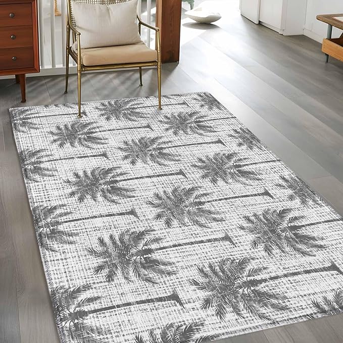 Area Rug 4x6ft, Summer Palm Tree Retro Linen Washable Rugs for Living Room Bedroom, Tropical Gray Botanical Soft Non-Slip Area Rugs Rectangle Floor Carpet for Dining Room