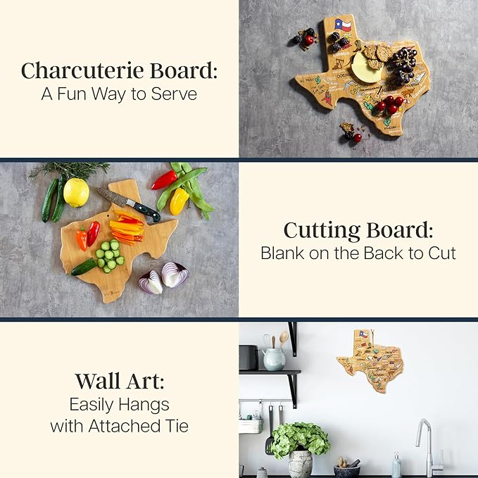 Totally Bamboo Texas State Shaped Cutting Board with Artwork by Fish Kiss – Colorful Map Artwork for Serving, Display or Kitchen Use – Unique Texas Gift and Home Décor