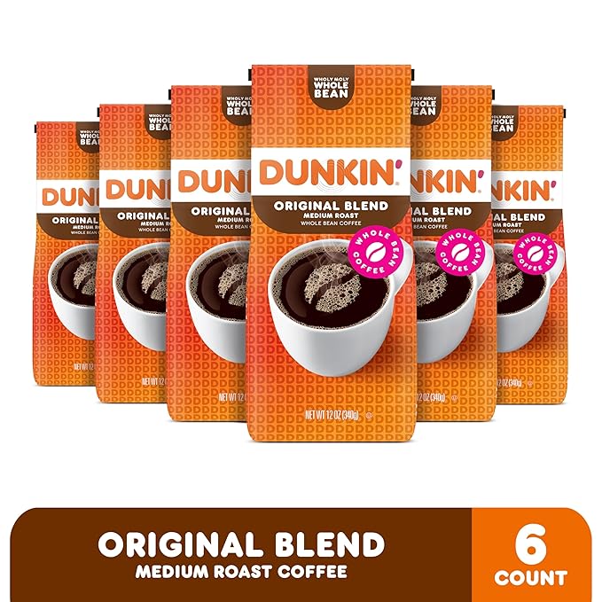 Dunkin' Original Blend Medium Roast Whole Bean Coffee, 12 Ounces (Pack of 6)
