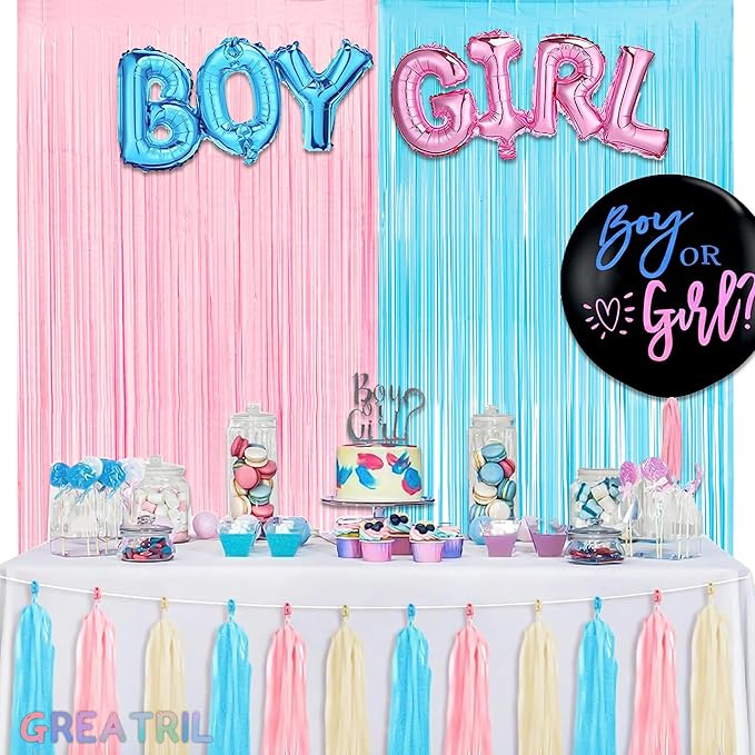 Pink and Blue Party Photo Backdrop - GREATRIL Foil Fringe Tinsel Streamers for Gender Reveal/Pastel/Easter/Birthdays Party Decorations - 3.2ft X 8.2ft - 2 Packs