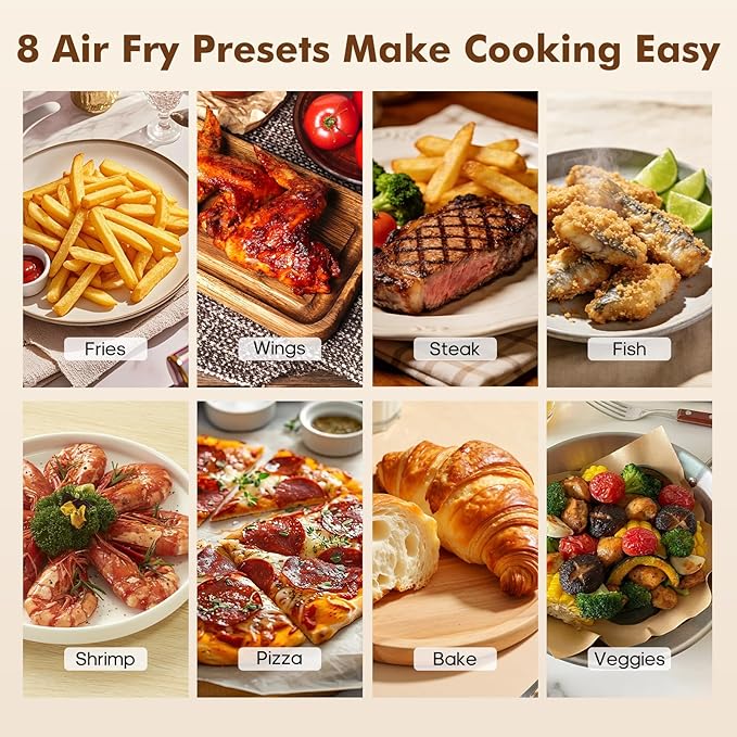 Sweetcrispy 6.34QT Air Fryer, 8-in-1 Air Fryers Oven with Visible Window, 400℉ Fast Heating, Nonstick Dishwasher-Safe Basket, Timer & Auto-Off, Stainless Steel, White
