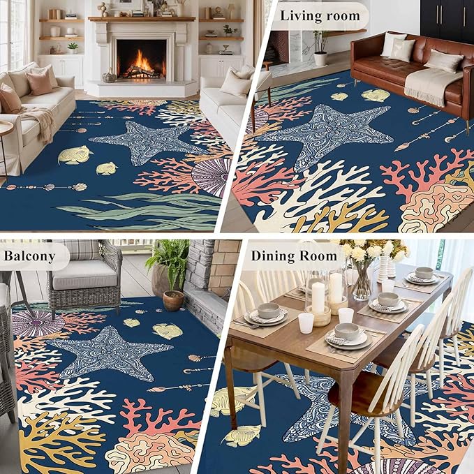 Area Rug 9x12ft, Ocean Starfish Coral Fish Washable Rugs for Living Room Bedroom Rectangle Floor Carpet, Underwater Creature on Navy Blue Soft Non-Slip Area Rugs for Dining Room