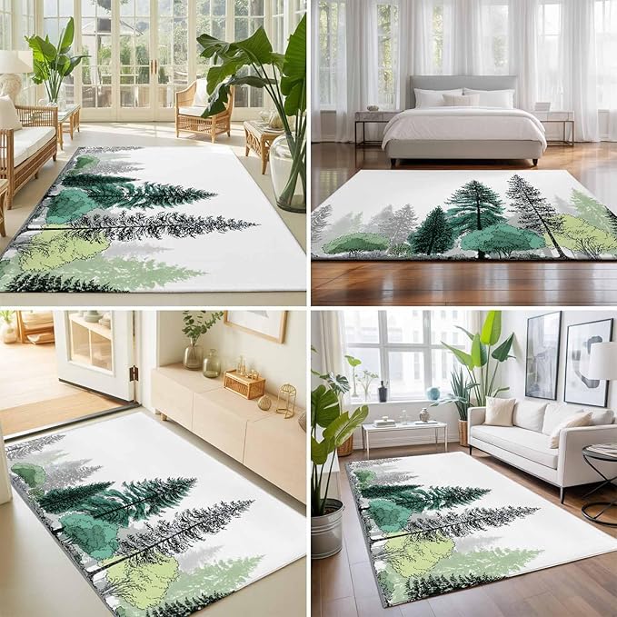 Area Rug 9x12ft, Minimalist Pine Tree Washable Rugs for Living Room Bedroom Rectangle Floor Carpet, Farmhouse Watercolor Plants Soft Non-Slip Area Rugs for Dining Room