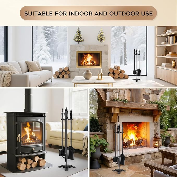 FEED GARDEN 4-Piece Fireplace Tool Set - 31” Wrought Iron Fire Tools with Poker, Shovel, Brush & Stand - Indoor/Outdoor