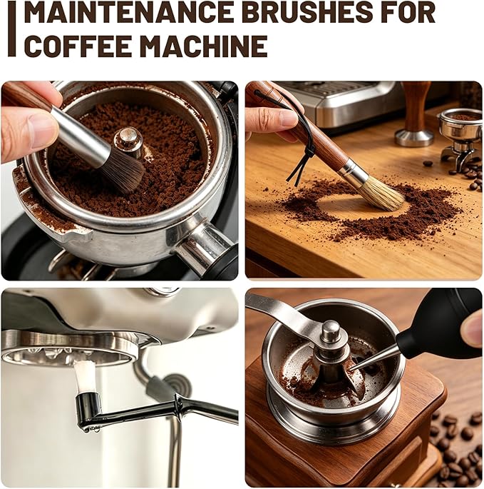 Coffee Grinder Cleaning Kit, Espresso Machine Brush Set - 6Pcs with Group Head Brush, Long-reach Brush, Walnut Wood Brush, Air Blower for Coffee Cleaner, Espresso Tools (Air Blaster+5 Brush)