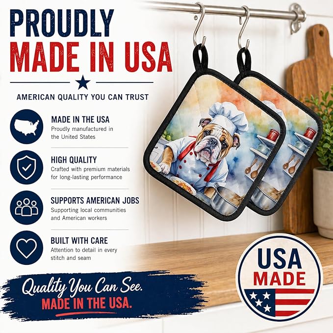 Caroline's Treasures English Bulldog The Chef Pair of Pot Holders Kitchen Heat Resistant Pot Holders Sets Oven Hot Pads for Cooking Baking BBQ, 7 1/2 x 7 1/2