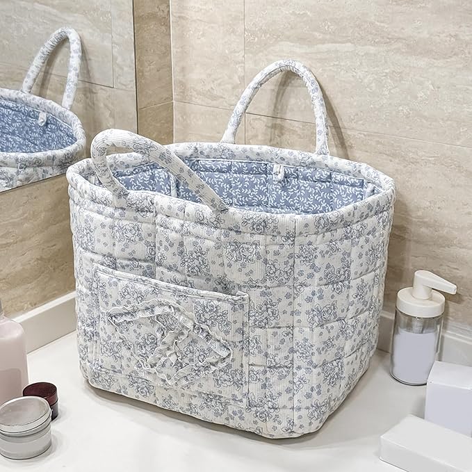 HiTotes Floral Storage Car Basket Diaper Caddy Organizer Quilted Laundry Basket Foldable Nursery Hamper Bag