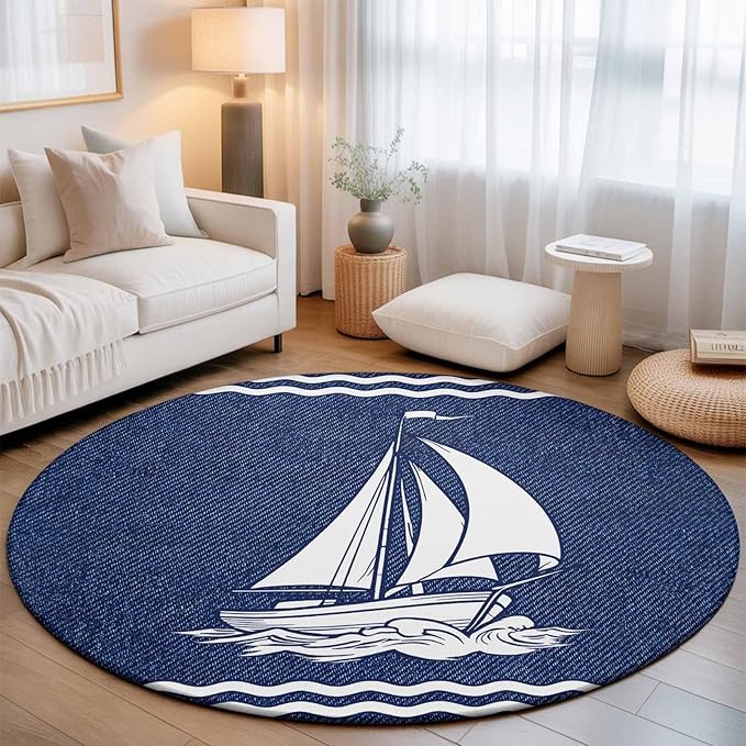 Washable Round Area Rug Nautical Sailing Boat on Steel Blue Circle Rugs Floor Carpet for Living Room Bedroom, Vintage Water Waves Soft Non Slip Round Rug 5ft