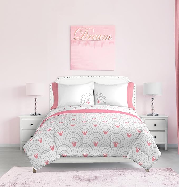 Jay Franco Disney Minnie Mouse Queen Comforter Set - 7 Piece Bedding Includes Sheet Set & Pillow Covers - Super Soft Cozy Pink Mandala Bedding