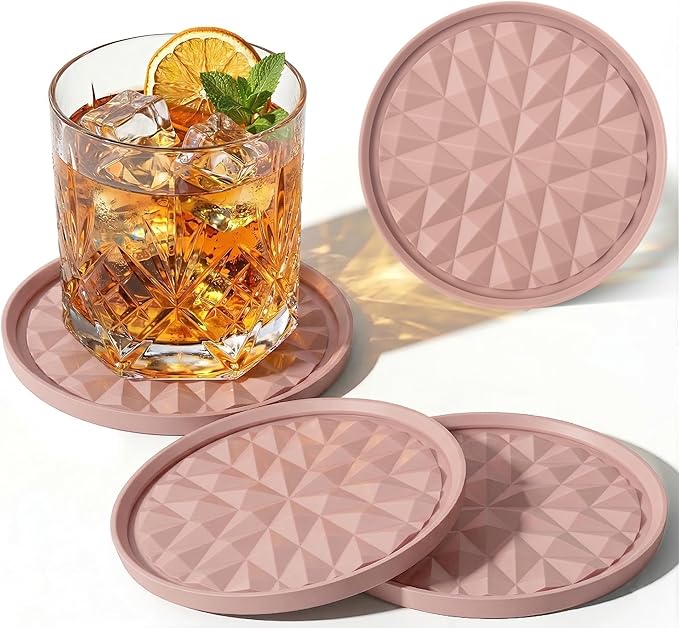 Silicone Coasters for Drinks[4 Pack]- Cup Mat for Tabletop Protection-Non-Slip, Non-Stick, Coffee Table Decor, Great Gift for Valentine's Day or Anniversary, Pink
