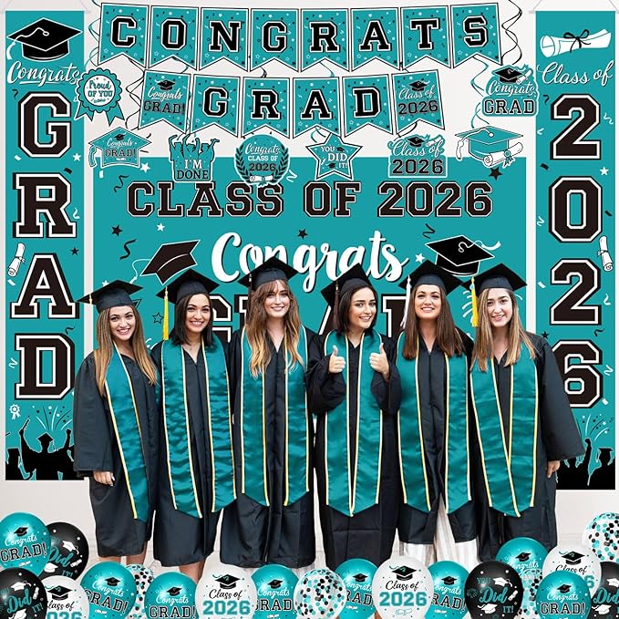 Graduation Teal Decorations 2026 Include Grad Backdrop, Banner, Hanging Swirls, Porch Sign, Balloons for Congrats Grad Party Decorations