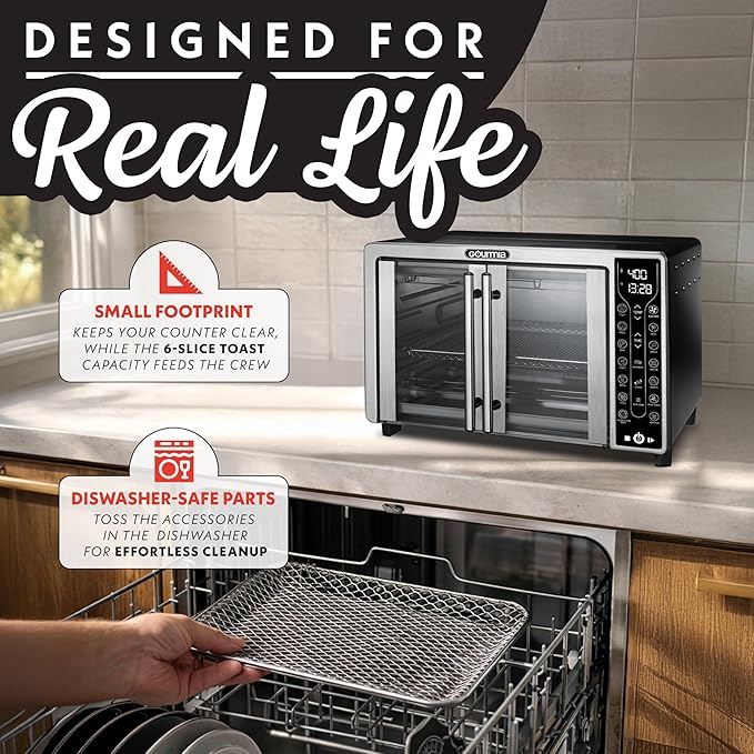 Gourmia French Door Air Fryer – 25 Qt Large Capacity Convection Oven, Fryfroce 360°, Digital Display with 17 Cooking Presets, Bake, Toast, Roast, Dehydrate, Fits 12” Pizza