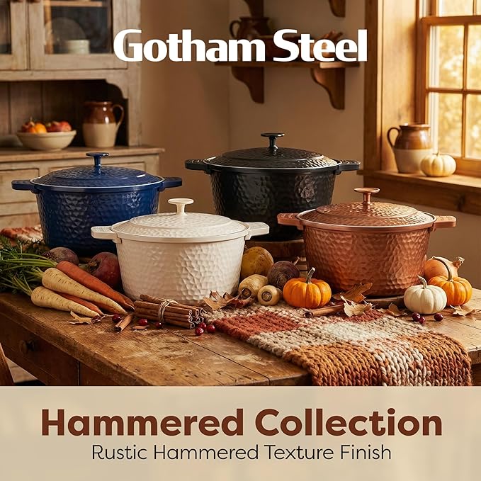 Gotham Steel Hammered 5 Qt Lightweight Dutch Oven Pot with Lid & Holders, Ceramic Non Toxic, Oven Safe & Even Heat Retaining Dutch Oven for Bread Baking Sourdough, Soup, 70% Lighter than Cast Iron