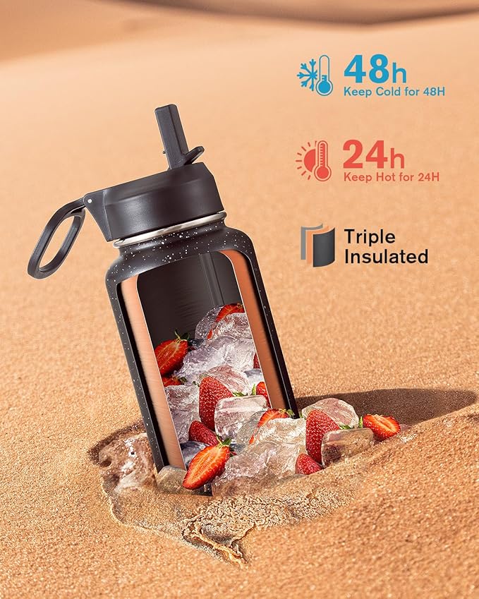 Coolflask Water Bottle 32 oz Insulated with Straw, Stainless Steel Metal 3 Lids Water Flask Wide Mouth for Sports or Office, Non-BPA Keep Cold Up to 48 Hrs or Hot Up to 24 Hrs, Starry Night