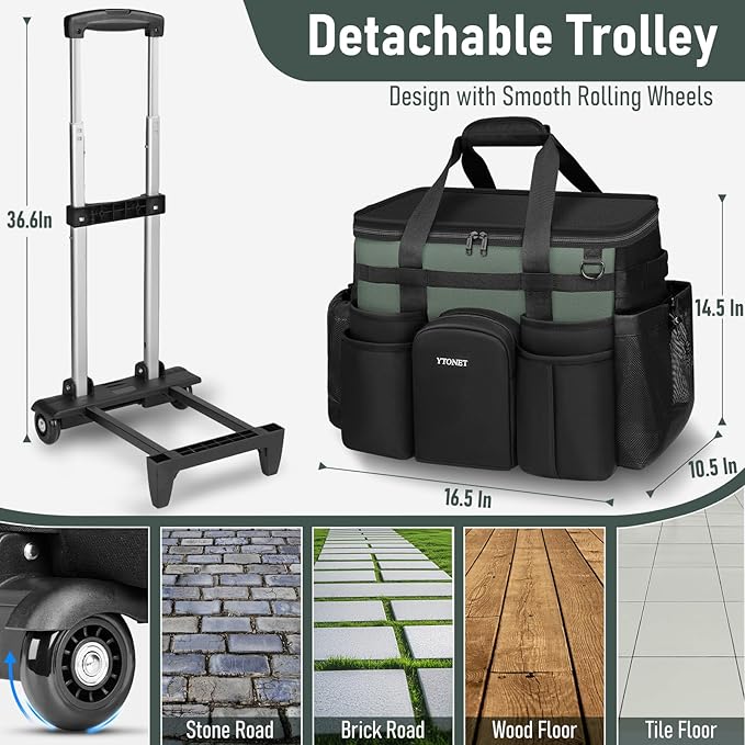 Ytonet XXL Cleaning Caddy with Wheels, Large Rolling Cleaning Caddy Bag with Detachable Trolley for Housekeepers, Water Resistant Cleaner Supplies Organizer with Wheels for Kitchen, Tool Organizer