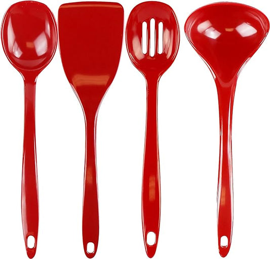 Reston Lloyd 100% Melamine Kitchen Utensil Set, Non Scratching Ladle, Spoon, Slotted Spoon & Spatula, Easy To Hold, Set of 4, Red
