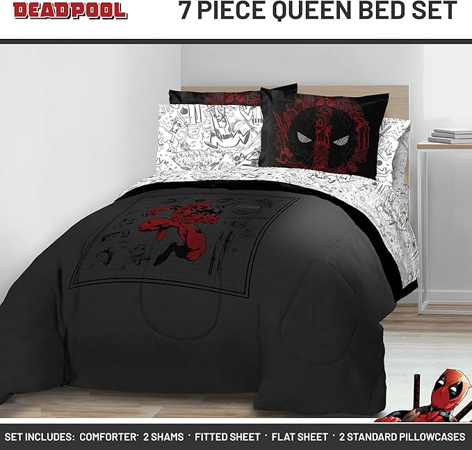 Jay Franco Marvel Deadpool Queen Size Comforter Set - 7 Piece Bedding Includes Sheet Set and Pillow Covers - Gray and Red Super Soft Cozy Bedding