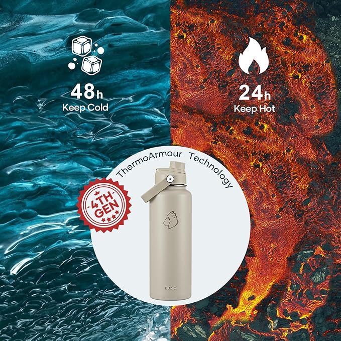 BUZIO 40 oz Water Bottle Insulated, Triple Wall Vacuum Stainless Steel Flask (Cold for 48 Hrs), Leakproof BPA-Free Wide Mouth Metal Jug Hydro Canteen with 2 Lids, Greige