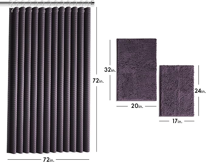 Clara Clark Purple Shower Curtain Set with Rugs - Bathroom Sets with Shower Curtain and Rugs, Fabric Shower Curtains and 2 Bath Mats, Modern Bathroom Shower and Curtain Sets for Tub Or Stall