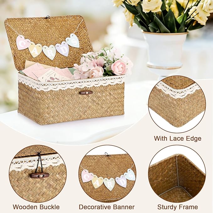 Hipiwe Wedding Card Basket Box Handwoven Seagrass Basket Bin with Letter Flag Wedding Favors Post Box Reception Card Holder for Party, Birthday, Graduation, Baby & Bridal Shower