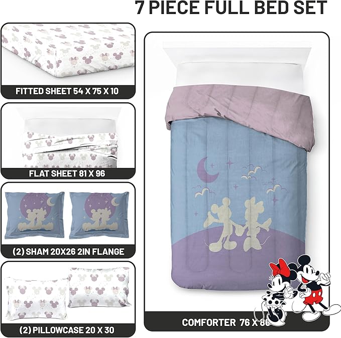 Disney Mickey Mouse & Minnie Mouse Full Size Comforter Set - 7 Piece Bedding Includes Sheet Set & Pillow Covers - Super Soft Cozy Bedding