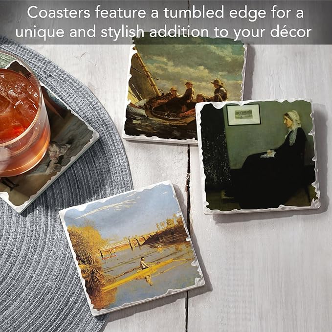 Thirstystone American Artists 4 Pack Assorted Tumbled Tile Stone Coasters with Protective Cork Backing Manufactured in The USA Absorbent Easily Wipes Clean