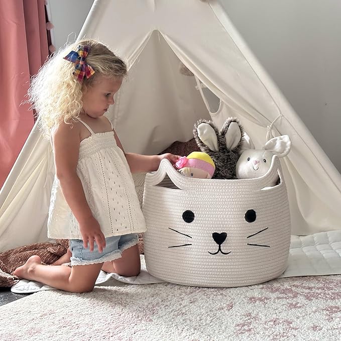 Large Woven Cotton Rope Storage Basket, Baby Laundry Basket Organizer for Towels, Blanket, Toys, Clothes, Gifts | Pet Gift Baskets for Cat, Dog - 15.7" L×11.8" H
