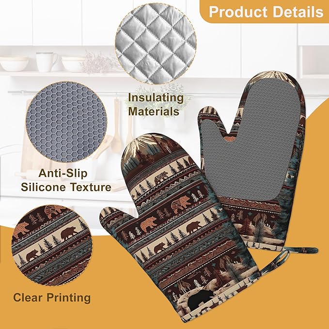Oven Mitts and Pot Holders Vintage Bear Mountain Silicone Kitchen Accessories Set of 4 Heat Resistant Gloves Potholder Non-Slip Grip for Chef Cooking Baking Grilling BBQ