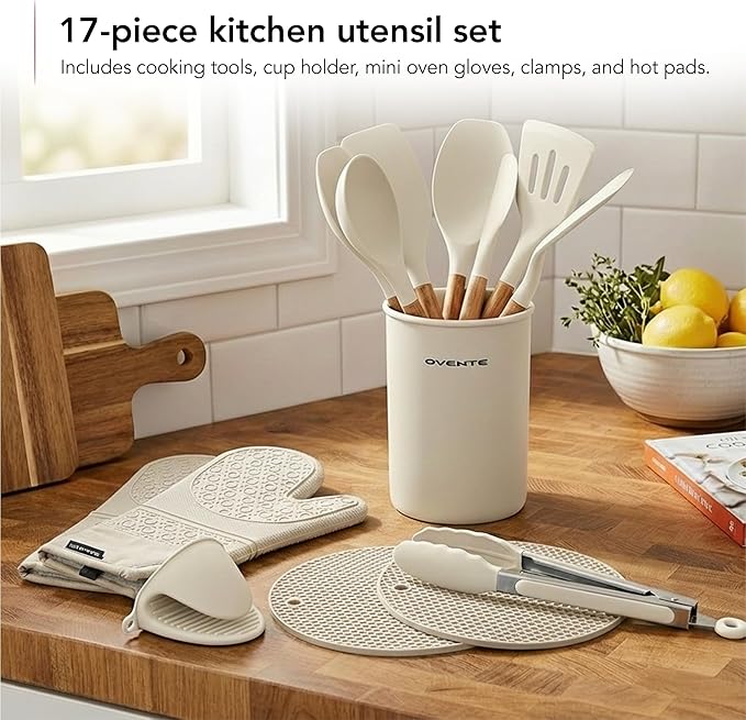 OVENTE Silicone Cooking Utensils Set, 17pcs Heat Resistant Kitchen Tools and Gadgets for Nonstick Cookware, BPA Free Spatula Set with Wooden Handle, Cup Holder, Oven Gloves and Hot Pads, Cream SPS17CR
