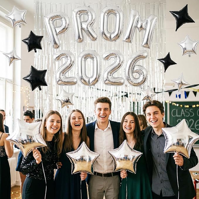 Prom 2026 Balloons Banner, 16 inch Silver letter Balloons Prom 2026 Sign Decoration with Silver Star Balloon for Class of 2026 Congrats Grad Party Birthday Retirement Graduation Party Supplies