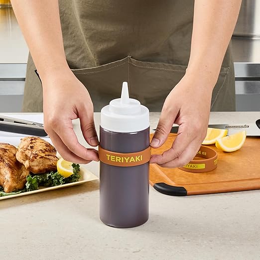 Restaurantware Silicone Squeeze Bottle Band 10 Count 2.75 Inch Dishwasher Safe Condiment Identification Band, Teriyaki Brown Non-Slip Label Band for Condiment Labeling at Restaurants, Food Trucks