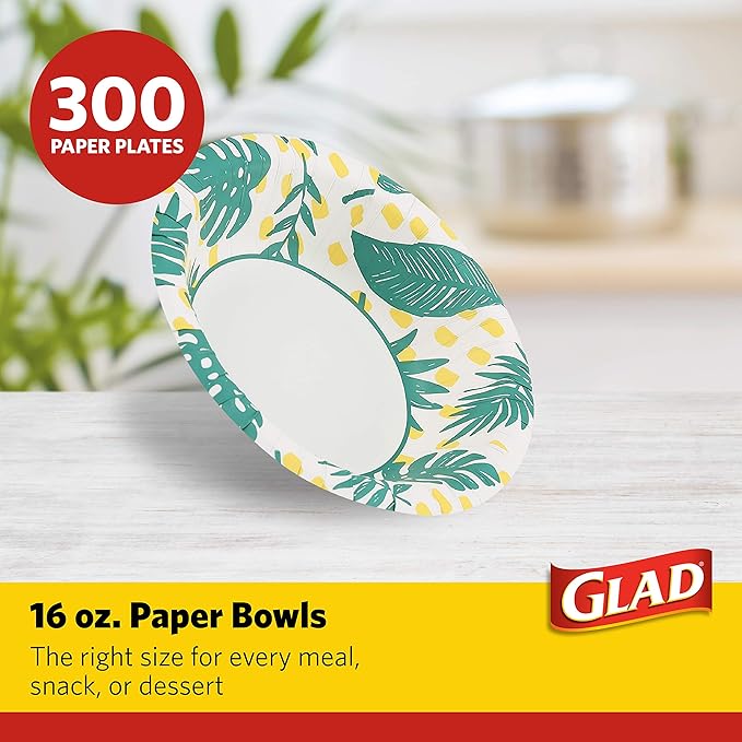 Glad Soak-Proof Palm Leaves Paper Bowls, Heavy-Duty Round Disposable Bowls for Soup, Salad and Snacks, Cut-Resistant and Microwave Safe for Daily Meals, Picnics and Parties, 16 Oz, 50 Count - 6 Pack