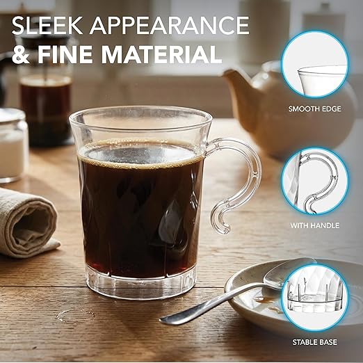 Party Essentials Elegance 8 oz Clear Hard Plastic Coffee & Punch Mugs with Handle – 40-Count Stackable Disposable Cups for Parties, Weddings, Catering, Buffets & Events