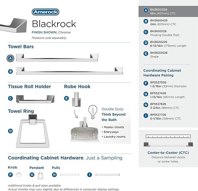 Amerock BH3600326 | Chrome Towel Bar | 18 in (457 mm) Towel Rack | Blackrock | Bathroom Towel Holder | Bathroom Hardware | Bath Accessories | Hand Towel Holder