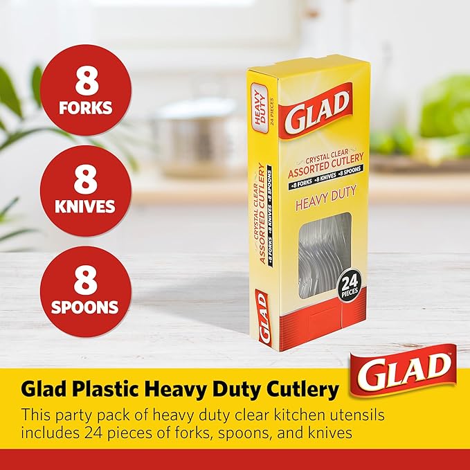 Glad Clear Disposable Cutlery Set with Heavy Duty Plastic Forks, Knives, and Spoons, Reusable Dishwasher Safe Plastic Utensils for Parties and Everyday Use, 24 Count