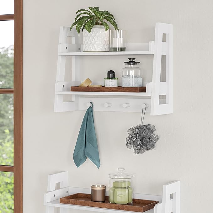 RiverRidge 2-Tier Ladder Shelf with Hooks - Versatile Storage Solution for Bathroom, Entryway, Nursery - White Painted Finish, Open Shelves & 4 Hanging Hooks – Easy Assembly Ladder Shelves