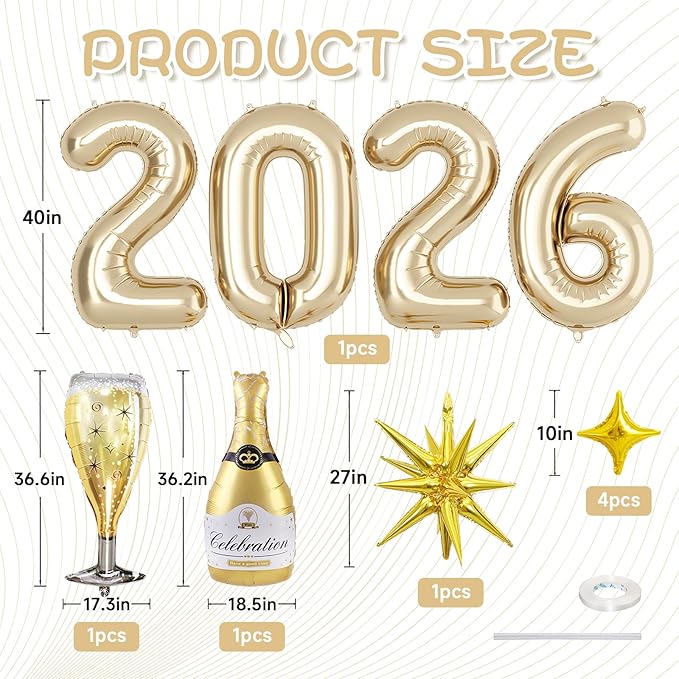 Light Gold 2026 Balloons, 40 Inch Number Champagne Gold Foil Balloons, Gold Star Balloon Champagne Bottle Glass Balloon for Happy New Years Eve Party Supplies 2026 Class of 2026 Graduation Decorations