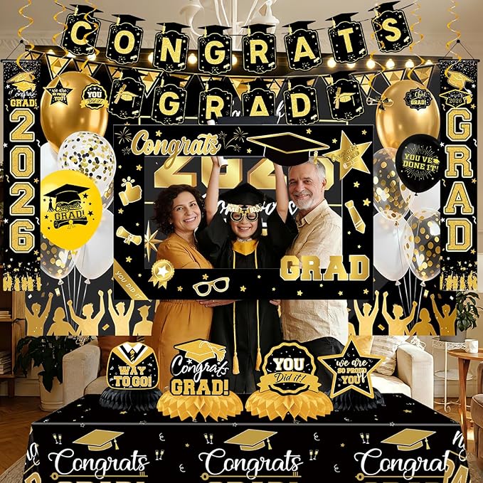 Graduation Decorations 2026 Set - Congrats Grad Banner, Class of 2026 Backdrop, Couplet, Honeycomb,Spiral, Photo Prop Frame Graduation Theme Masks Tablecloth Balloons Kit for Grad Party Decorations