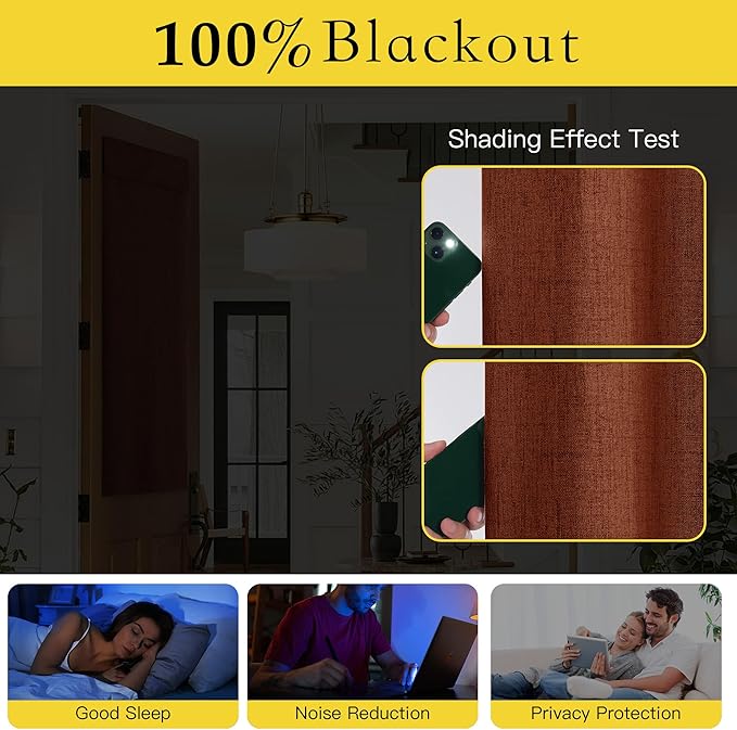 NICETOWN 100% Linen Blackout French Door Curtains, Privacy Door Window Curtains, 26 X 50 Inch Long, Thermal Insulated Tie Up Shades for Bedroom Office, 1 Panel, Caramel